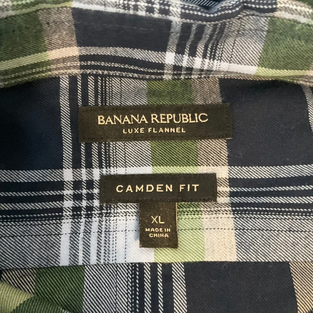 Banana Republic Luxe Flannel‎ Shirt Mens XL Green Blue Plaid Cotton Camden Fit
